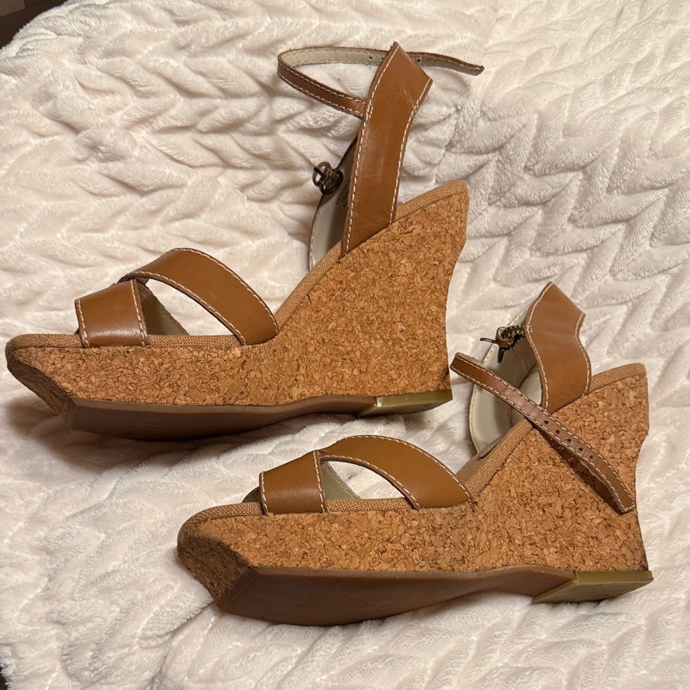 Apostrophe Tan Cork Wedge Sandals with Ankle Strap - Picture 7 of 8